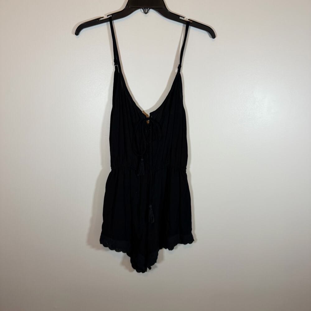 Auguste The Label Black Romper Womens 6 V-Neck Tie Up Closure Lace Bottom Hem